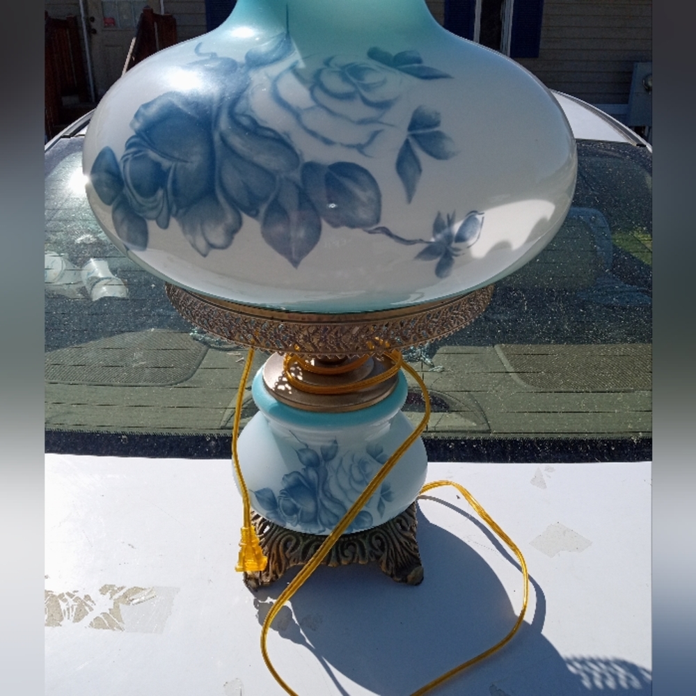 Vintage Blue Rose Hurricane Lamp